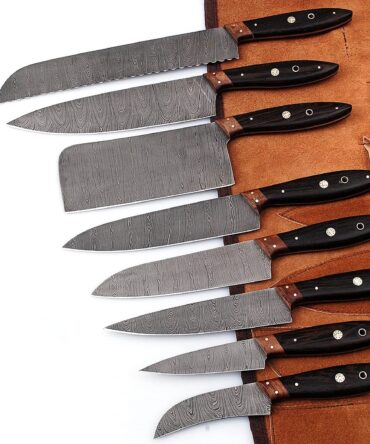 Professional Hand Forged Damascus Steel Chef Knife Set with Wenge Wood Handles & Leather Roll Bag