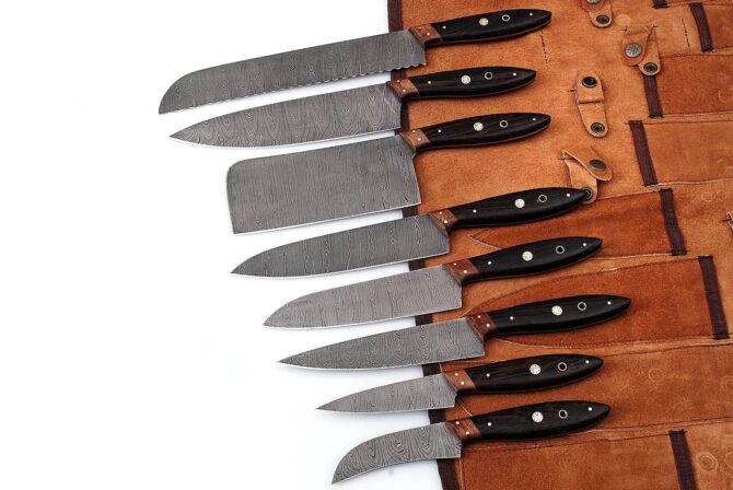 Professional Hand Forged Damascus Steel Chef Knife Set with Wenge Wood Handles & Leather Roll Bag