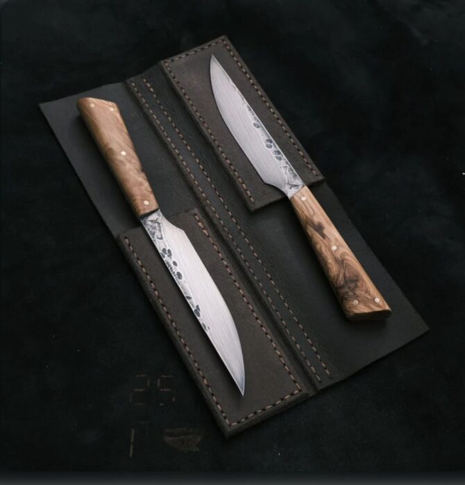 2-Piece Hand Forged D2 Steel Utility Knife Set with Olive Wood Handles & Leather Folding Bag