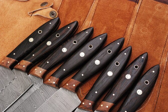 Professional Hand Forged Damascus Steel Chef Knife Set with Wenge Wood Handles & Leather Roll Bag