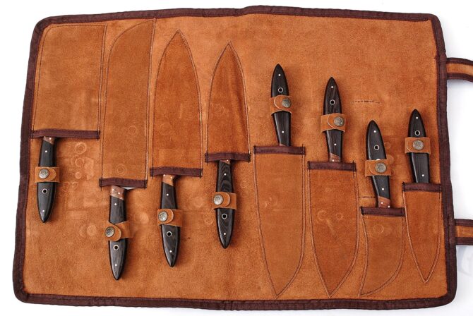 Professional Hand Forged Damascus Steel Chef Knife Set with Wenge Wood Handles & Leather Roll Bag
