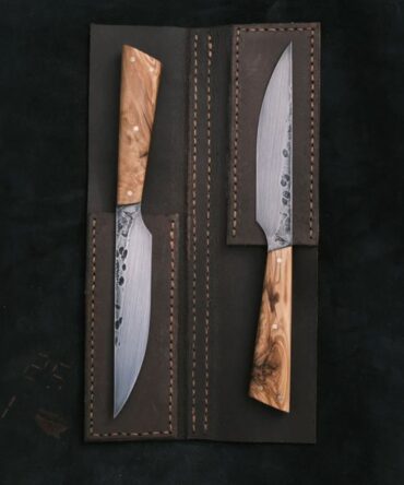 2-Piece Hand Forged D2 Steel Utility Knife Set with Olive Wood Handles & Leather Folding Bag