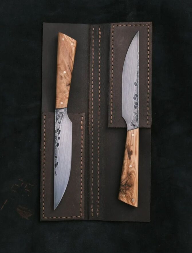 2-Piece Hand Forged D2 Steel Utility Knife Set with Olive Wood Handles & Leather Folding Bag
