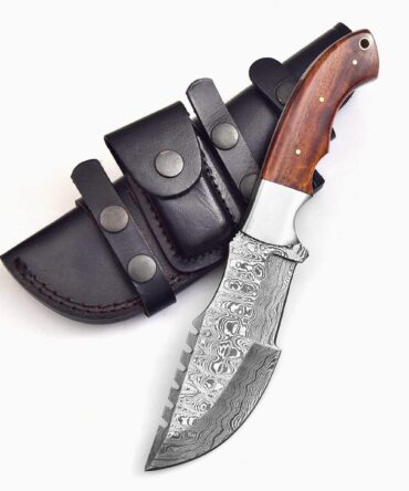 Hand Forged Damascus Steel Tracker Knife with Walnut Wood Handle & Custom Leather Sheath
