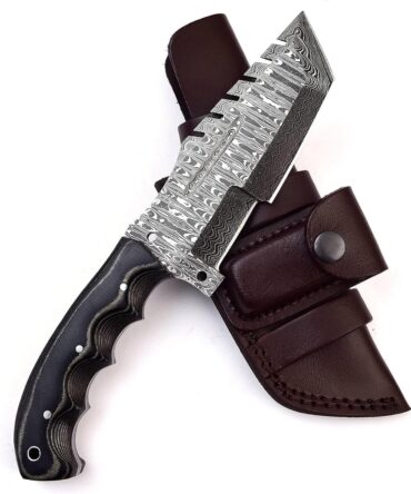 Hand Forged Damascus Steel Tracker Knife with Black Micarta Handle & Multi-Carry Leather Sheath