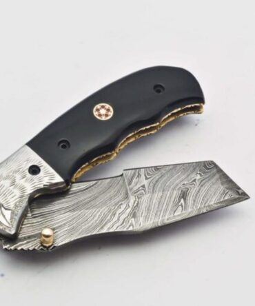 Hand Forged Damascus Steel Folding Knife with Black Micarta Handle & Leather Sheath