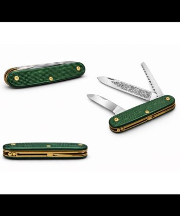 Custom Swiss Army Style Knife – Electrician + Floral Blade + Wood Saw – Dark Green Alox & Brass Liners (No Key Ring)